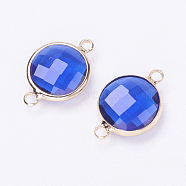 Glass Links connectors, with Brass Findings, Faceted, Flat Round, Light Gold, Royal Blue, 22x14.7x6mm, Hole: 2mm(KK-E712-B02-KCG)