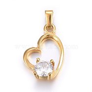 304 Stainless Steel Pendants, with Cubic Zirconia, Heart, Clear, Golden, 21x14x5mm, Hole: 5x3mm(STAS-P216-50G)