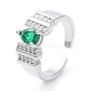 Cubic Zirconia Teardrop Open Cuff Ring, Platinum Brass Jewelry for Women, Green, Inner Diameter: 16.8mm(RJEW-G287-03P-01)