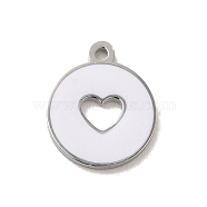 304 Stainless Steel Enamel Charms, Flat Round with Hollow Heart Charm, Stainless Steel Color, White, 12x10x1mm, Hole: 1mm(STAS-B074-03P-02)