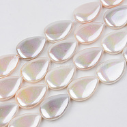 Electroplate Natural Freshwater Shell Beads Strands, Teardrop, Floral White, 18x13x4mm, Hole: 1mm, about 23pcs/strand, 16.14 inch(41cm)(X-SHEL-R049-026B)