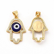 Rack Plating Brass Micro Pave Clear Cubic Zirconia Pendants, with Handmade Evil Eye Lampwork, Cadmium Free & Lead Free, Long-Lasting Real 18K Gold Plated, Hamsa Hand Charm, Dark Blue, 25.5x17x4mm, Hole: 5.5x3.5mm(LAMP-A153-06G-11)