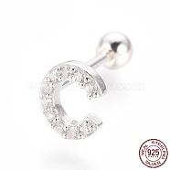 Rhodium Plated 925 Sterling Silver Micro Pave Clear Cubic Zirconia Letter Barbell Cartilage Earrings, Letter.C, 6x5x1mm, Pin: 0.8mm(STER-I018-13P-C)