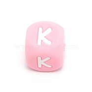 Silicone Alphabet Beads for Bracelet or Necklace Making, Letter Style, Pink Cube, Letter.K, 12x12x12mm, Hole: 3mm(SIL-TAC001-01B-K)