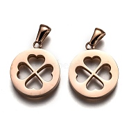Ion Plating(IP) 304 Stainless Steel Pendants, Manual Polishing, Flat Round with Clover, Rose Gold, 21.5x18x3mm, Hole: 6x2.5mm(STAS-Z006-02RG)