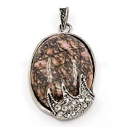 Fashionable Retro Antique Silver Necklace Findings Alloy Gemstone Oval Pendants, with Rhinestones, Rhodochrosite, 51x33x11mm, Hole: 5mm(X-G-M033-05AS)