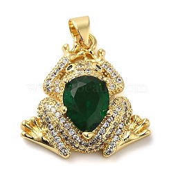 Rack Plating Brass Micro Pave Green Cubic Zirconia Pendants, with Glass, Long-Lasting Plated, Cadmium Free & Lead Free, Forg, Real 18K Gold Plated, 23x22.5x8.5mm, Hole: 4x3mm(KK-C047-01B-G)