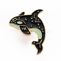 Alloy Enamel Brooches, Enamel Pins, with Brass Butterfly Clutches, Whale Shape, Cadmium Free & Nickel Free & Lead Free, Light Gold, Black, 1-1/4x1 inch(31x24mm), Pin: 1mm(JEWB-S011-082-NR)