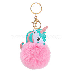 Plush Keychain, with Iron Key Ring, Pom Pom Ball, Unicorn, Pearl Pink, 16cm(PW-WG435A4-05)