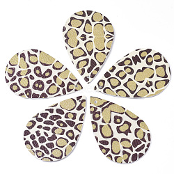 PU Leather Big Pendants, teardrop, Leopard Print Pattern, Dark Khaki, 55x36x1.5mm, Hole: 1.5mm(X-FIND-T020-003Q)