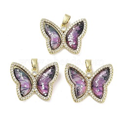 Real 18K Gold Plated Rack Plating Brass Micro Pave Cubic Zirconia Pendants, with Resin, Long-Lasting Plated, Cadmium Free & Lead Free, Butterfly, Purple, 21.5x26.5x5mm, Hole: 6x2.7mm(KK-R161-05G-03)