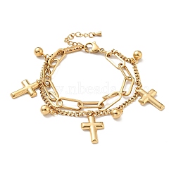 Cross and Round Ball Charm Multi-strand Bracelet, Vacuum Plating 304 Stainless Steel Double Layered Chains Bracelet for Women, Golden, 7-1/2 inch(19cm)(BJEW-G639-02G)
