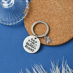 201 Stainless Steel & Alloy Enamel Keychain, with Brass Rings, Flat Round, Stainless Steel Color, 5.5cm, Pendant: 15~30mm(KEYC-YW00103-03)