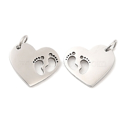 Non-Tarnish 304 Stainless Steel Pendants, with Jump Ring, Heart with Footprint Charm, Stainless Steel Color, 12.5x14.5x1.4mm, Hole: 3.2mm(STAS-Z042-14P)