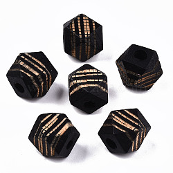Painted Natural Wood Beads, Laser Engraved Pattern, Faceted, Polygon with Zebra-Stripe, Black, 12x12x12mm, Hole: 3mm(WOOD-T021-52B-01)