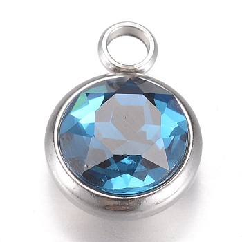 Glass Charms, March Birthstone Charms, Faceted, with 304 Stainless Steel Findings, Flat Round, Teal, 14x10x6.5mm, Hole: 2.5mm