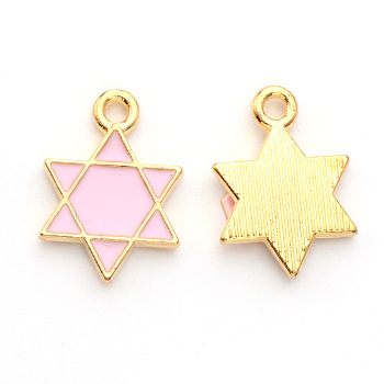 Alloy Enamel Pendants, for Jewish, Star of David, Light Gold, Pink, 16.5x12x2mm, Hole: 1.6mm