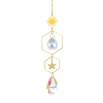 Quartz Crystal Big Pendant Decorations, Hanging Sun Catchers, Sun & Star, Clear AB, 380~400mm