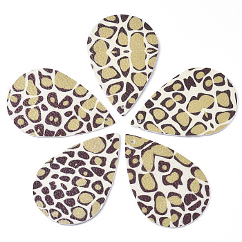 PU Leather Big Pendants, teardrop, Leopard Print Pattern, Dark Khaki, 55x36x1.5mm, Hole: 1.5mm
