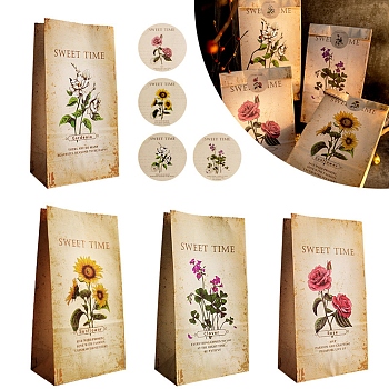 24Pcs 4 Styles Retro Rectangle Flower Paper Bags, Gift Paper Pouch for Gift & Food Wrapping, with Round Dot Seal Stickers, PeachPuff, Bag: 23.35x12.1x0.1cm, 6pcs/style