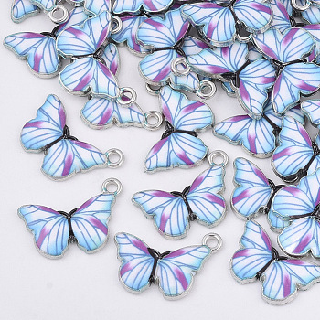 Printed Alloy Pendants, with Enamel, Butterfly, Platinum, Colorful, 13.5x20x2mm, Hole: 1.6mm