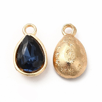 Faceted Glass Rhinestone Pendants, with Golden Tone Zinc Alloy Findings, Teardrop Charms, Prussian Blue, 15x9x5mm, Hole: 2mm