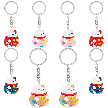 Elite 8Pcs 2 Sets PVC Cartoon Lucky Cat Doll Pendant Keychain, with Iron Open Jump Rings and Iron Keychain Ring, Mixed Color, 9.5cm, 4pcs/set