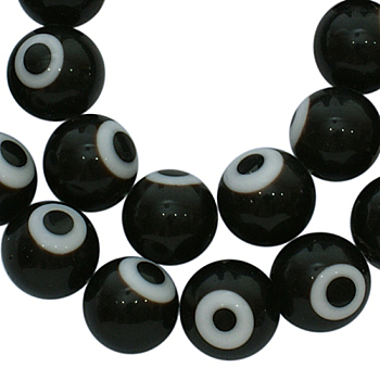 Handmade Lampwork Beads, Evil Eye, Round, Black, 10mm, Hole: 1.5mm, about 38pcs/strand