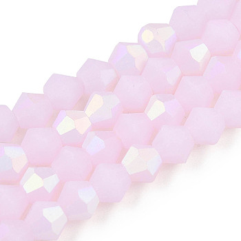 Imitation Jade Bicone Frosted Glass Bead Strands, Half AB Color Plated, Faceted, Pearl Pink, 4x4mm, Hole: 1mm, about 86~89pcs/strand, 12.20~12.68 inch(31~32.2cm)