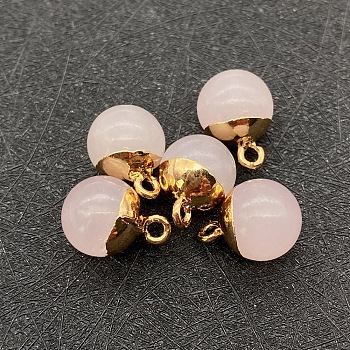 Natural Rose Quartz Round Charms with Golden Plated Metal Findings, 15x10mm