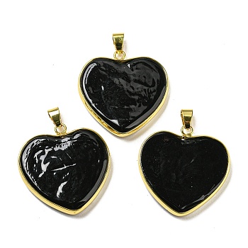 Handmade Lampwork Pendants, with Brass Findings, Long-Lasting Plated, Lead Free & Cadmium Free, Heart Charms, Black, 31~32x31~31.5x5mm, Hole: 6.5x4mm