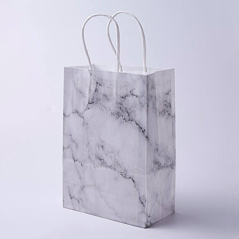 kraft Paper Bags, with Handles, Gift Bags, Shopping Bags, Rectangle, Marble Texture Pattern, White, 33x26x12cm