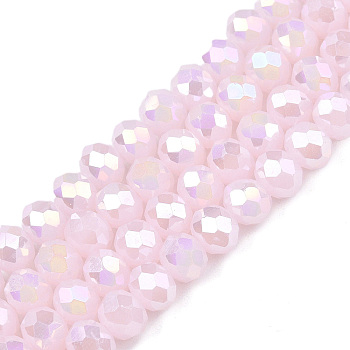 Electroplate Glass Beads Strands, Imitation Jade Beads, AB Color Plated, Faceted, Rondelle, Misty Rose, 6x5mm, Hole: 1mm, about 84~85pcs/strand, 16.34~16.54 inch(41.5~42cm)