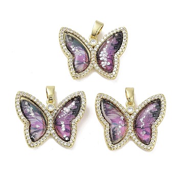 Real 18K Gold Plated Rack Plating Brass Micro Pave Cubic Zirconia Pendants, with Resin, Long-Lasting Plated, Cadmium Free & Lead Free, Butterfly, Purple, 21.5x26.5x5mm, Hole: 6x2.7mm