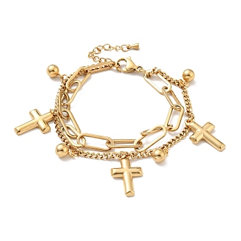 Cross and Round Ball Charm Multi-strand Bracelet, Vacuum Plating 304 Stainless Steel Double Layered Chains Bracelet for Women, Golden, 7-1/2 inch(19cm)