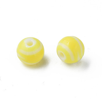 Opaque Striped Acrylic Beads, Round, Yellow, 10mm, Hole: 2mm,  about 940pcs/500g.