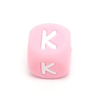Silicone Alphabet Beads for Bracelet or Necklace Making, Letter Style, Pink Cube, Letter.K, 12x12x12mm, Hole: 3mm