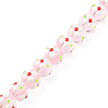 Handmade Lampwork Beads Strands, with Enamel, Round with Flower, Lavender Blush, 11x9.5mm, Hole: 1.4mm, about 36pcs/strand, 13.58''(34.5cm)