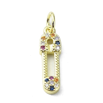 Brass Micro Pave Cubic Zirconia Pendants, with Jump Ring, Real 18K Gold Plated, Safety Pin Charm, Colorful, 17.5x5x2.5mm, Hole: 3mm