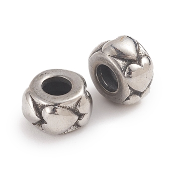 304 Stainless Steel Beads, Large Hole Beads, Rondelle with Heart, Antique Silver, 10.8x6.8mm, Hole: 4.5mm