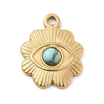 Synthetic Turquoise Pendants, Flower Charms with Eye, Ion Plating(IP) 304 Stainless Steel Findings, Golden, 16x13x3mm, Hole: 1.4mm