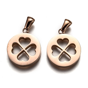 Ion Plating(IP) 304 Stainless Steel Pendants, Manual Polishing, Flat Round with Clover, Rose Gold, 21.5x18x3mm, Hole: 6x2.5mm