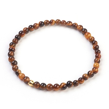 Natural Tiger Eye Stretch Bracelets, with 925 Sterling Silver Spacer Beads, Round, 2-1/8 inch(5.5cm)