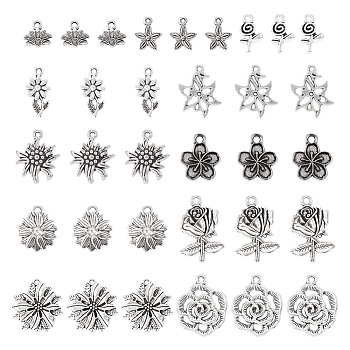 Pandahall 110Pcs 11 Styles Tibetan Style Alloy Pendants, Mixed Flower Charm, Antique Silver, 11~25.5x11~17.5x0.7~3mm, Hole: 1.5mm, 10pcs/style