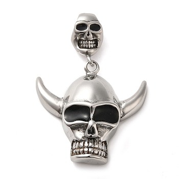 Halloween 304 Stainless Steel Enamel Pendants, Skull Charm, Antique Silver, 71mm