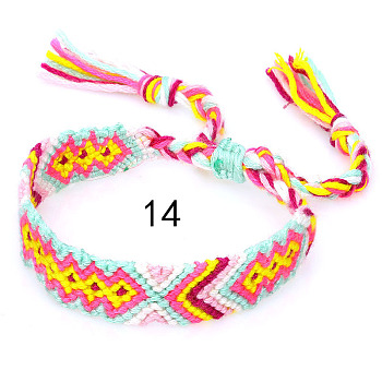 Cotton Braided Rhombus Pattern Cord Bracelet, Ethnic Tribal Adjustable Brazilian Bracelet for Women, Camellia, 5-7/8~14-1/8 inch(15~36cm)