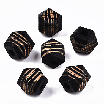 Painted Natural Wood Beads, Laser Engraved Pattern, Faceted, Polygon with Zebra-Stripe, Black, 12x12x12mm, Hole: 3mm