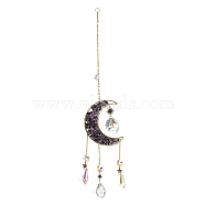Wire Wrapped Natural Amethyst Chip Moon Pendant Decoration, with Glass Cone/Teardrop Charm and Brass Findings, for Home Hanging Decoration, 470~473mm(HJEW-C006-03A)