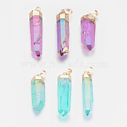 Faceted Dyed Natural Quartz Pointed Pendants, with Golden Tone Brass Findings, Bullet, Mixed Color, 33~57x8~14mm, Hole: 5x8mm(G-F569-06)