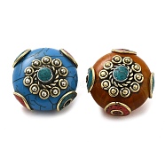 Handmade Tibetan Style Beads, with Synthetic Turquoise & Imitation Beeswax & Brass Findings, Flat Round, Mixed Color, 23~24x24~24.5x18~20mm, Hole: 2mm(TIBEB-G014-03)